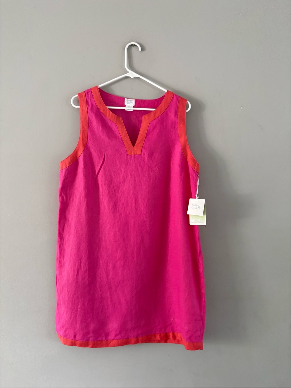Sigrid Olsen Hot Pink Sleeveless Linen Shift Dress with Orange Trim